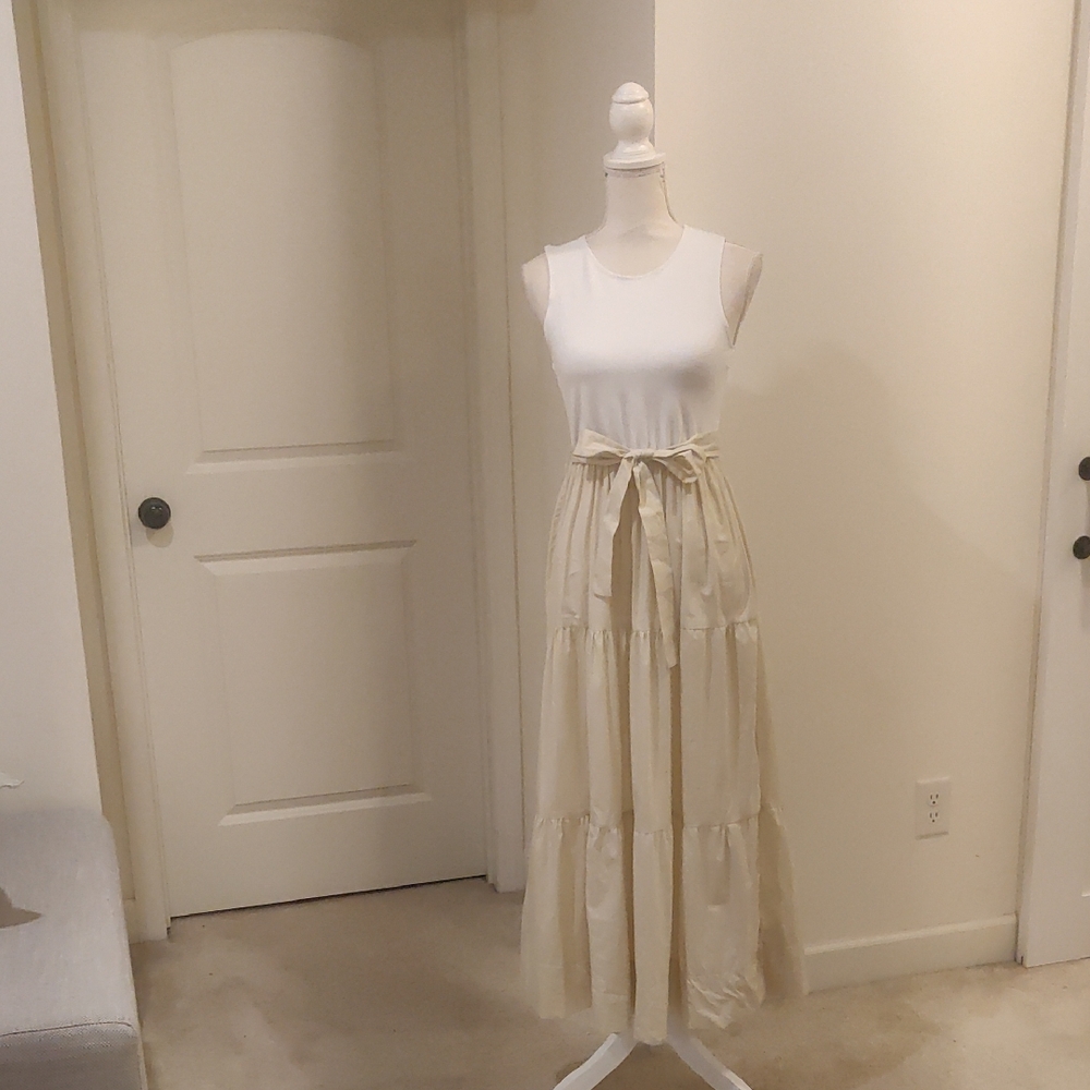 New!Hunter & Brown Vintage Inspired Sleeveless Elegant Cream Maxi 3tiered  Dress